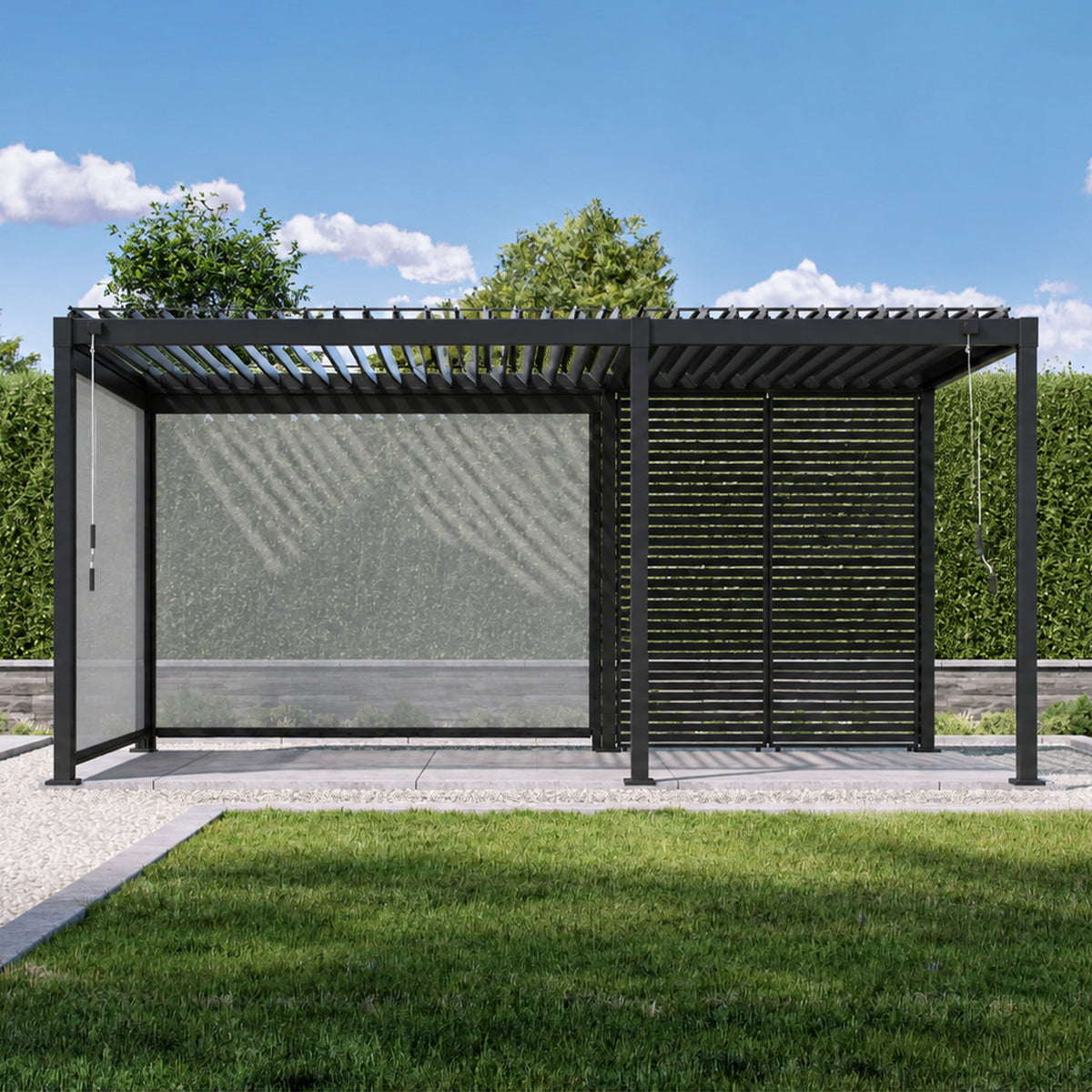 Bundle Set - Mirador 80S 3×5m Pergola + 2 × 3m Side Shade Screens + 2 × 1/3 3m Fixed Shutter Wall