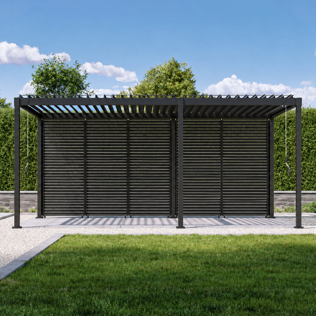 Ensemble - Pergola Mirador 80S 3 × 5 m + 5 × 1/3 mur à volets fixes de 3 m