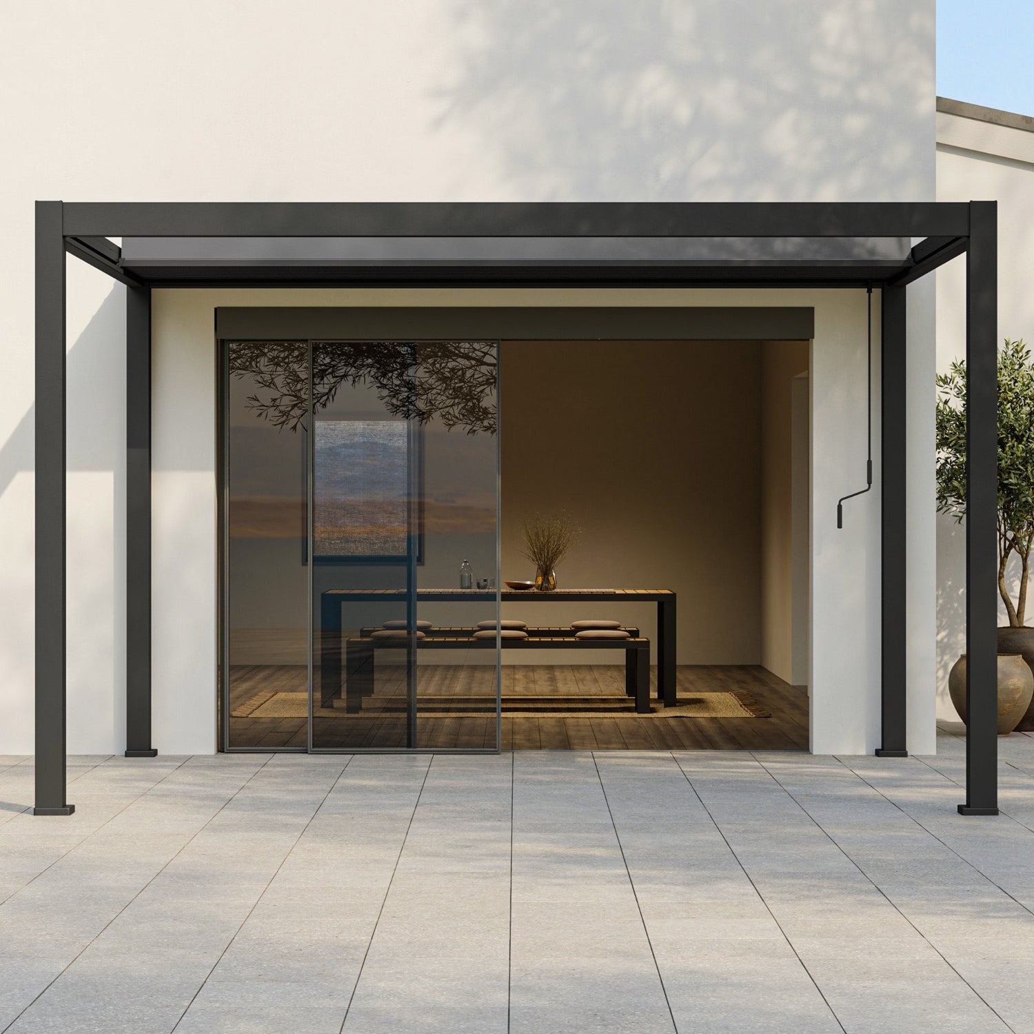 Modern outdoor pergola with glass walls on a tiled patio